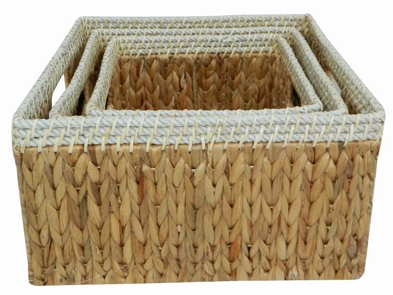 Exquisite Square Water Hyacinth Basket Set with Rope Rim - Handwoven Eco-Friendly Storage